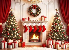 7x5 Ft Christmas Fireplace Backdrop Photography Red Curtain Socks Xmas Tree