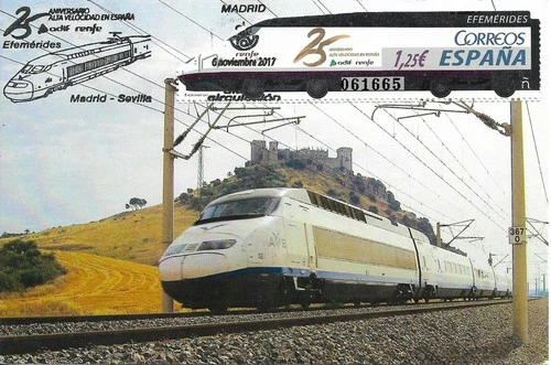 SPAIN. MAXICARD FIRST DAY.  25TH YEAR OF HIGH-SPEED RAIL IN SPAIN. RAILROAD 2017