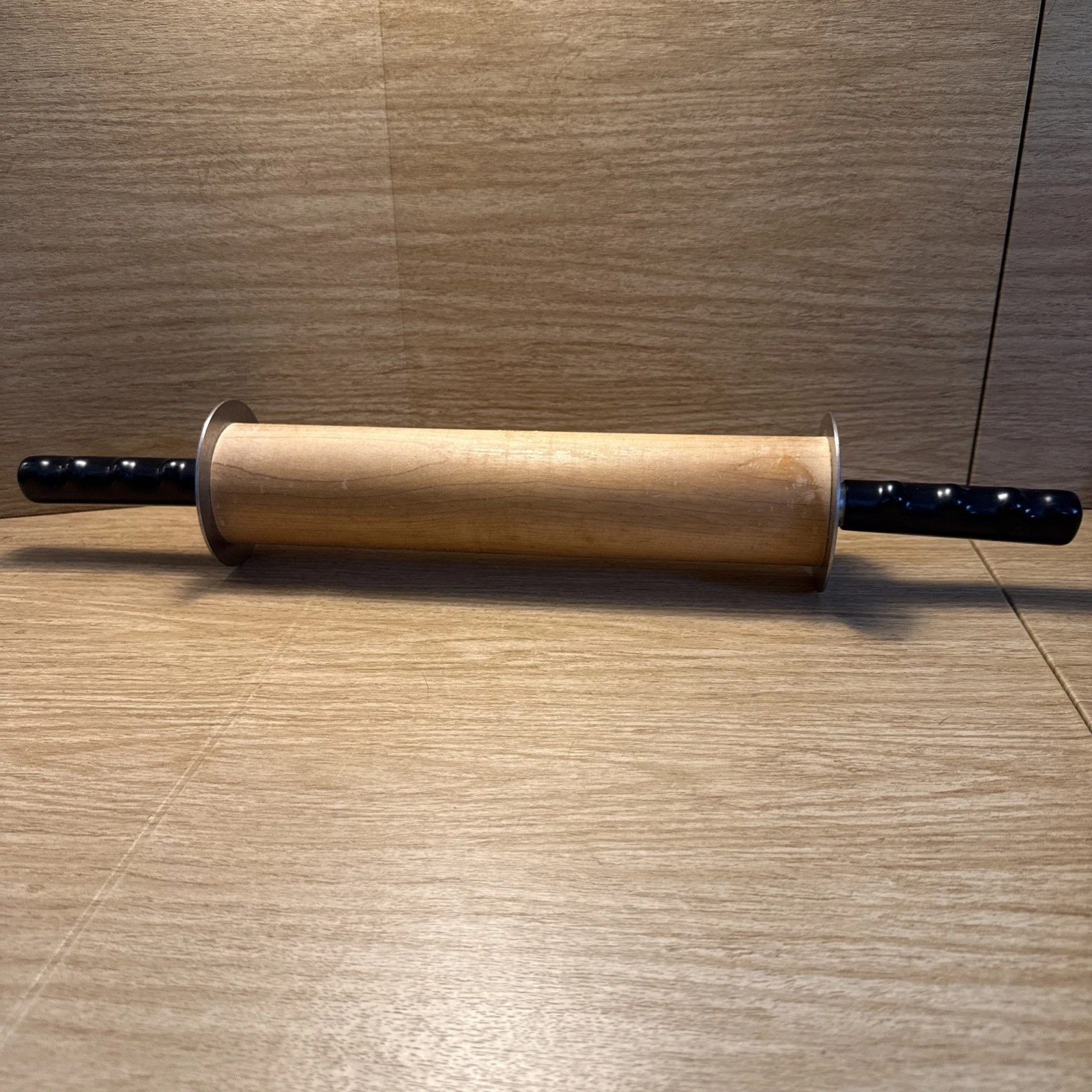 Vintage High Quality Wood Rolling Pin Black Handles Metal Ends 1/2” Pastry