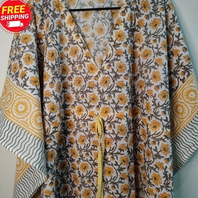 Women Hand Block Print Kaftan Cotton Floral Yellow Boho Maxi Dress Beach Cover