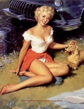 Pretty Woman with Vintage Car and Dog 8.5x11" Photo Print Bill Medcalf Pinup Art