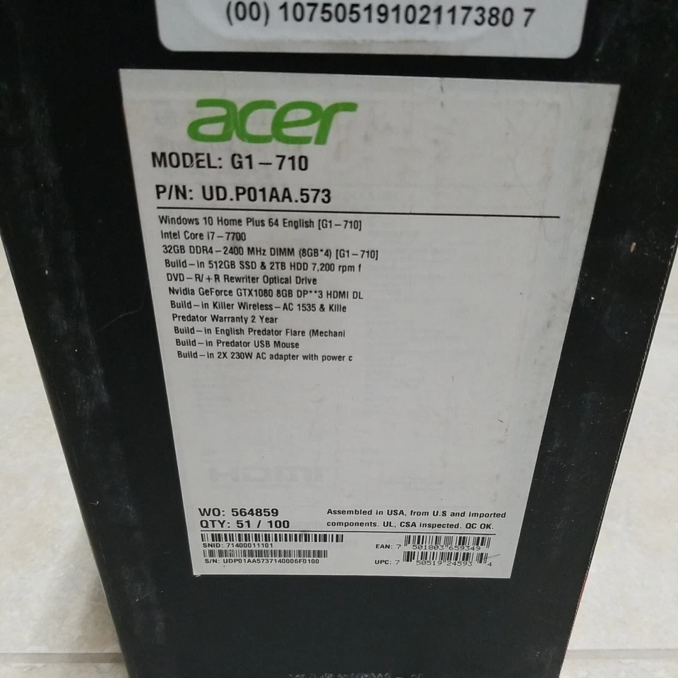 Acer Predator G1-710 UD.P01AA.573  i7-7700 32GB RAM 512GB SSD+2TB GTX1080 Win 10 - Image 2 of 4