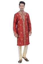 4Ethnic Indian Red Design Kurta Sherwani for Men 2pc Suit - Worldwide Postage