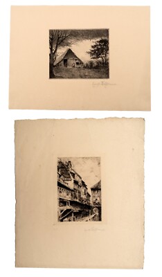 Two Antique Signed German Etchings, Town and Country