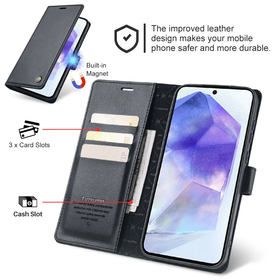 For Samsung Galaxy A15 A25 A35 A55 Magnetic Leather Wallet Card Case Flip Cover - Image 4 of 4