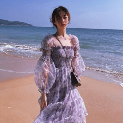 Lady Organza Floral Dress Puff Ruffle Fairy Sweet Mesh Tull Midi Prom Gown  Dress | eBay