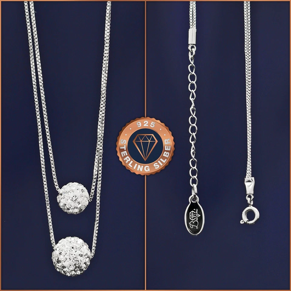 Doppel-Kugel-Halskette Kristall 925 Sterlingsilber + Etui, Weihnachtsgeschenk - Bild 3 von 4