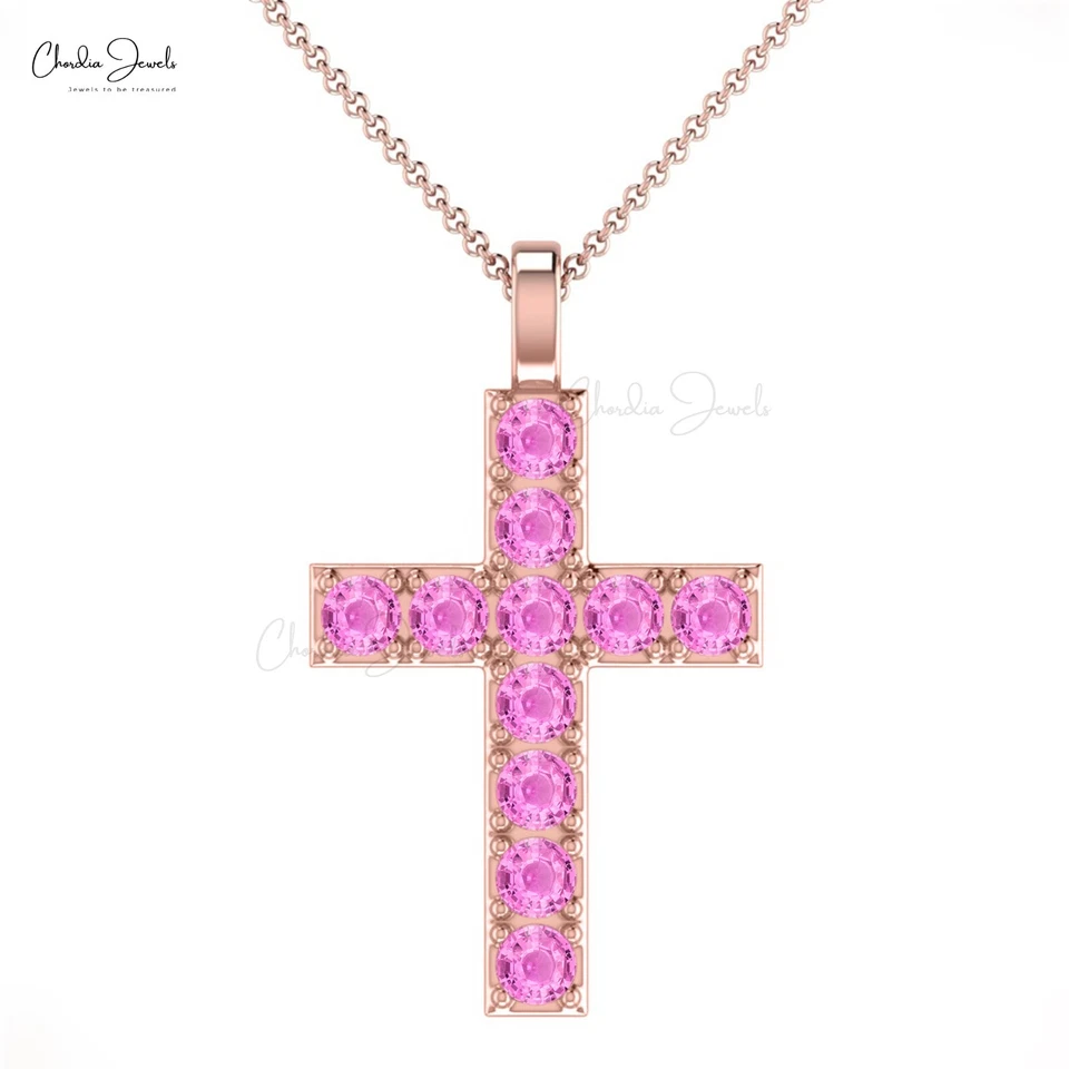 2mm Round Pink Sapphire Religious Cross Christmas Pendant 14k Pure Gold Jewelry - Image 2 of 4
