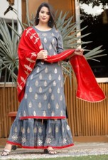 Women's Premium Grey Red Kurti with Sharara and Dupatta Party Casual Wear Item