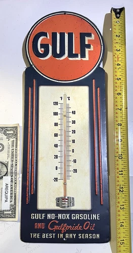 Gulf gasoline Thermometer Vintage look, embossed steel,works,gas pump No-Nox oil
