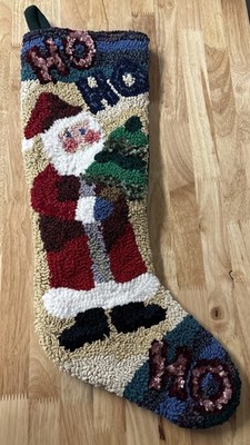 Vintage Jumbo Christmas Stocking 27'' Hooked Wool & Chenille Felt Backing Snowman