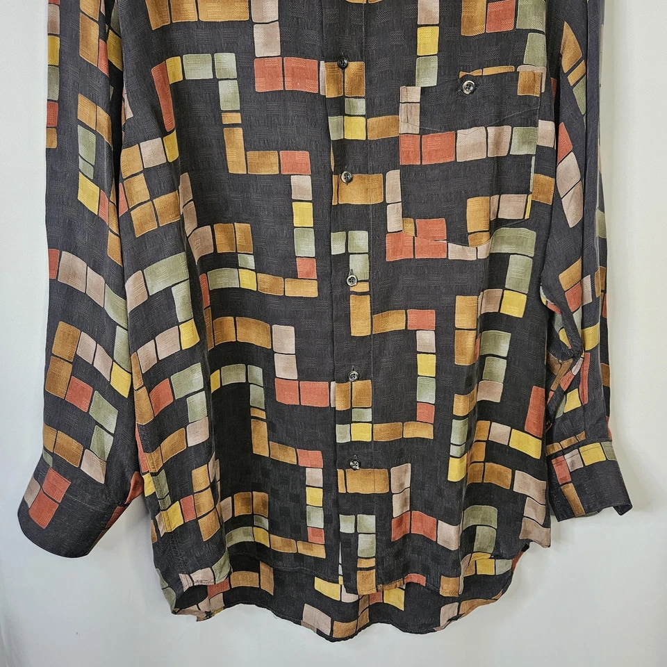 De Colección Marco Trani Italiano Seda Multicolor Geométrico Abstracto Manga Larga Talla Grande Foto 3 de 4