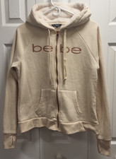 bebe Sport Womens L Cream Fleece Zip Up Hoodie Sherpa Lined Glitter Logo Y2K