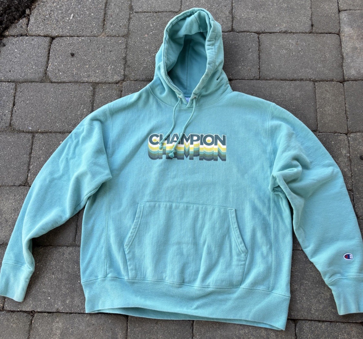 Champion Reverse Weave Blue Graphic Logo Fleece Pullover Hoodie Mens L