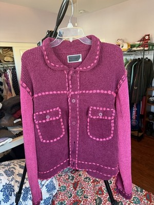 Phingerin Waffle Knit Cardigan Button Up Pink Purple Blanket Stitch