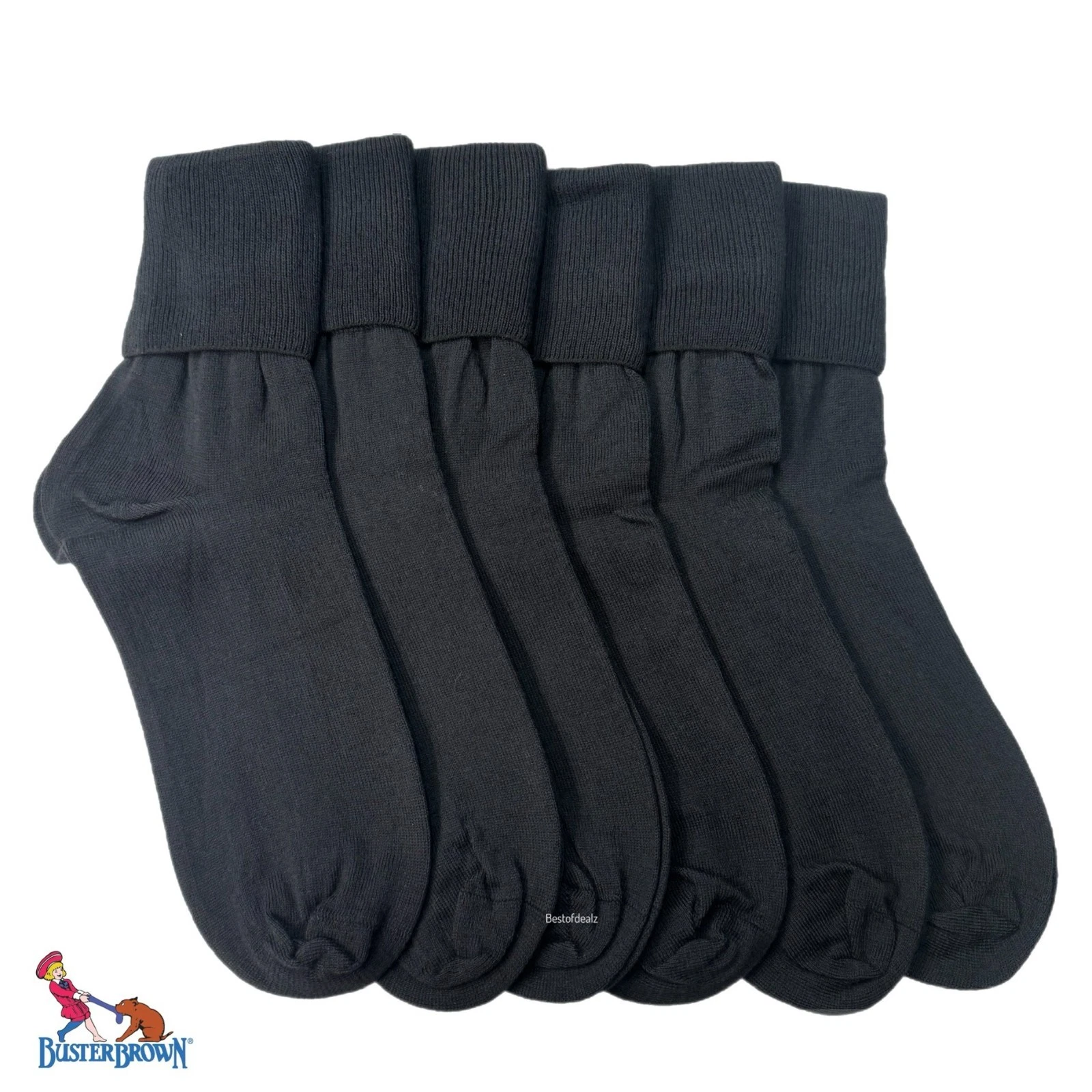 Buster Brown 100% Cotton Foldover Ankle Womens Elastic-Free Socks- 6 Pairs Black
