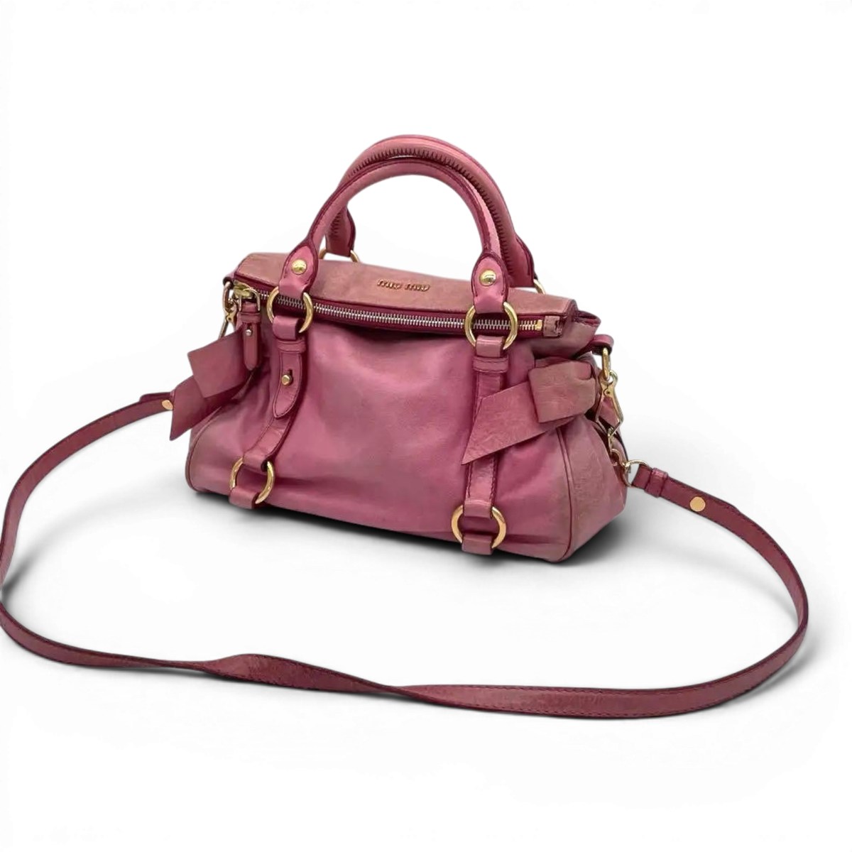 Miu Miu Vitello Lux Mini Bow Bag Pink 2way Shoulder Handbag