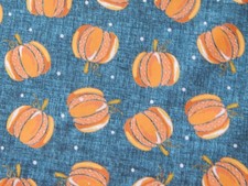 BTY ""HELLO FALL" PUMPKINS ON BLUE PRINT COTTON FABRIC