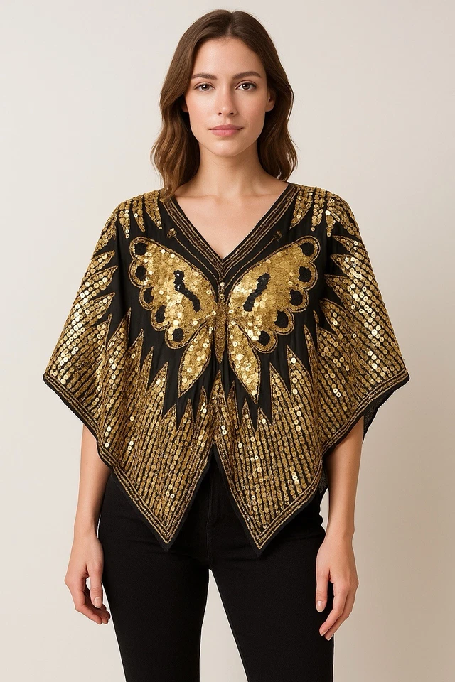 Vintage Silk Sequin Butterfly Top Beaded Poncho Cape Blouse Black Gold XL - Image 3 of 4