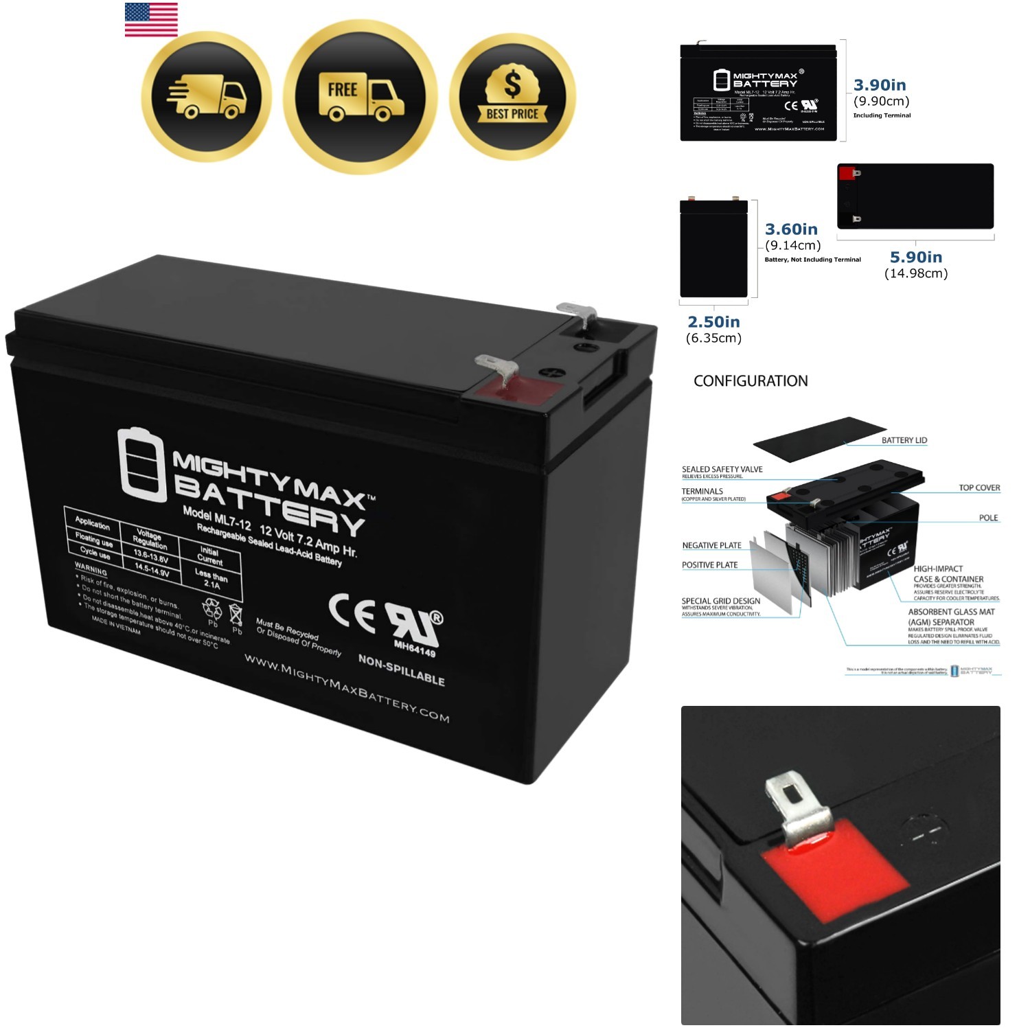 ML7-12, 12 Volt 7.2 AH SLA F1 Terminal Battery, Brand Produc