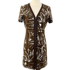 Tory Burch Zip Front Brown Palm Tropical Print Mini Dress Ponte Knit |Size L