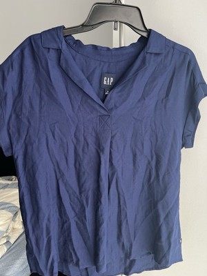 NEW Gap Womens Medium Navy Collared Short Sleeve Blouse Rayon/Lyocell Loose Fit