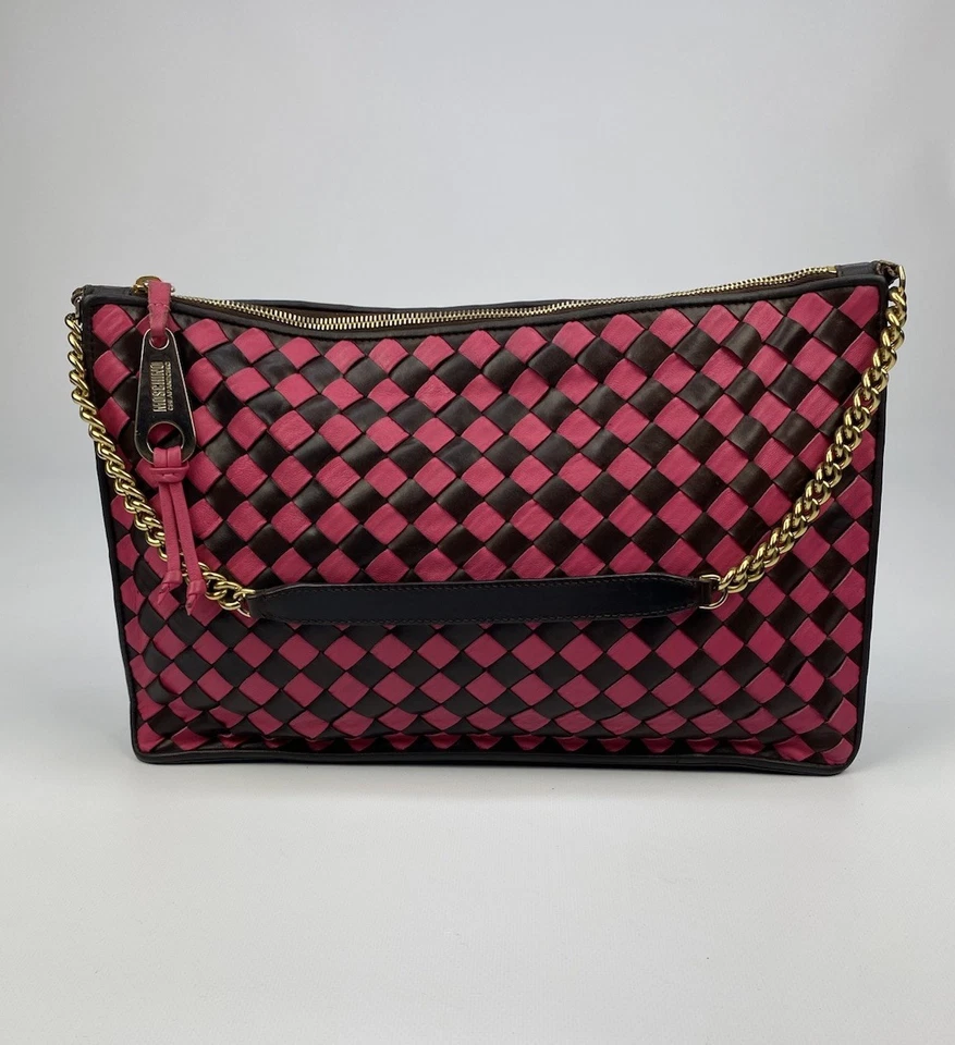 Bolso de Mano Moschino Barato Y Elegante Marrón Rosa Cuero a Cuadros Foto 3 de 4
