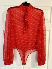 Fashion Nova Women's Bright Red Polka Dot Long Sleeve inner zipper bodysuit.