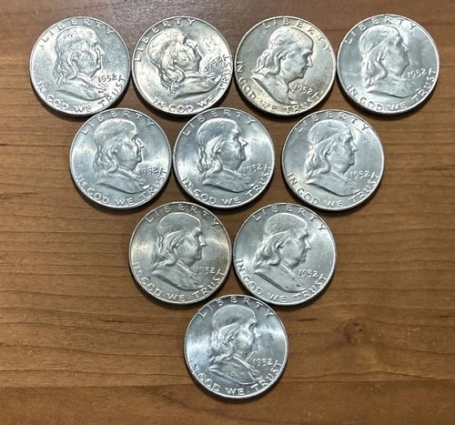 Ten (10) 1952-D Franklin Half Dollars - Uncirculated - 90% SILVER - Half Roll