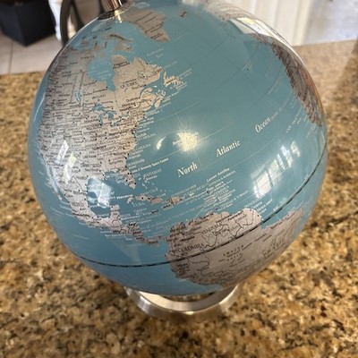 Gorgeous ZGALLERIE Chrome Base Explorer World Globe 12'' Aquamarine Oceans Silver