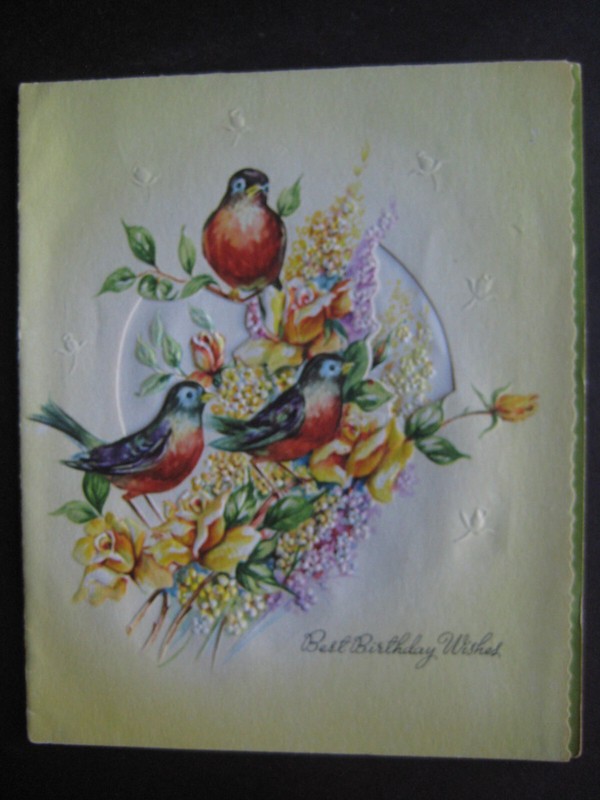 1940s vintage greeting card BIRTHDAY Birds, Bouquet of Flowers