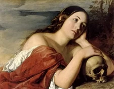 Ｏｉｌ　ｐａｉｎｔｉｎｇ William Dyce - omnia vanitas all is vanity young lady with skull