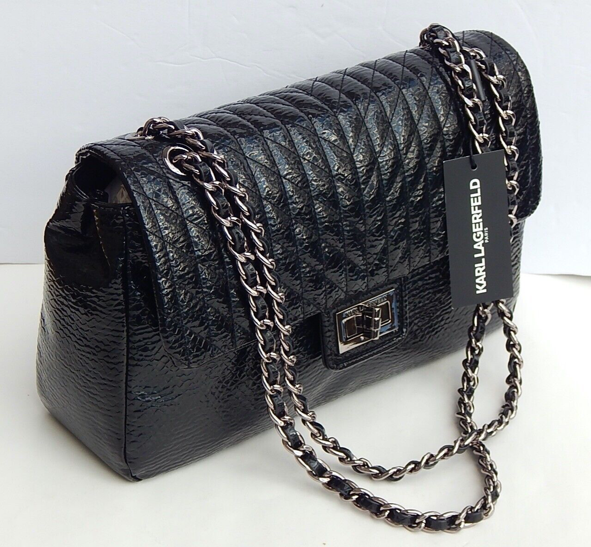 Karl Lagerfeld Paris Logo GLOSSY BLACK SNAKE BAG Handbag 