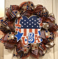 I USA FARMHOUSE Burlap DECO MESH Wreath 4TH OF JULY Rustic PATRIOTIC 22 X 22