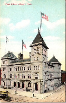 Postcard Albany Post Office Building Trolley Tracks New York D50