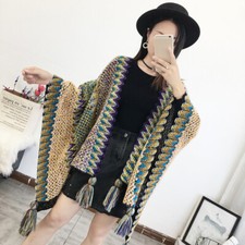 Women Chunky Knitted Cape Scarf Shawl Wrap Coat Tassel Striped Traveling Ethnic