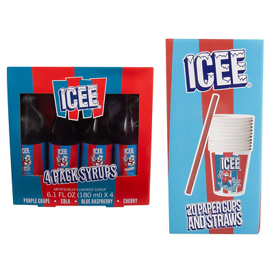 ICEE Syrup 4 Pack & 20 ICEE Paper Cups & Straws Bundle. Genuine ICEE Slushy Syru