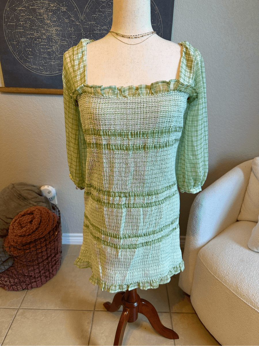 green gingham smocked dress Green Gingham Smocked Ruffle Dress main image 1