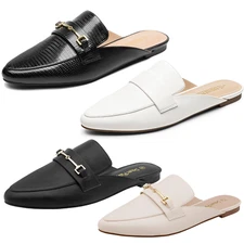 Women Flat Mules Buckle Pointed Toe Backless Slip on Slides Loafer Shoes
