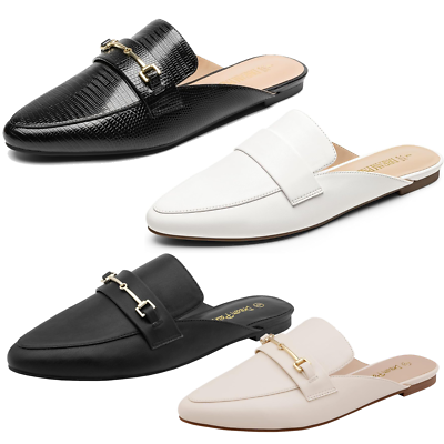 Women Flat Mules Buckle Pointed Toe Backless Slip on Slides