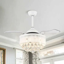 White Finish Retractable 3-Blade Ceiling Fan Chandelier Crystal 36-in Remote