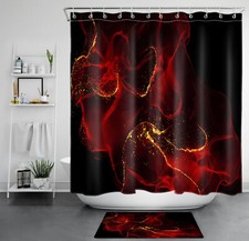 Modern Gold Abstract Marble Black and Red Shower Curtain Set for Bathroom Decor