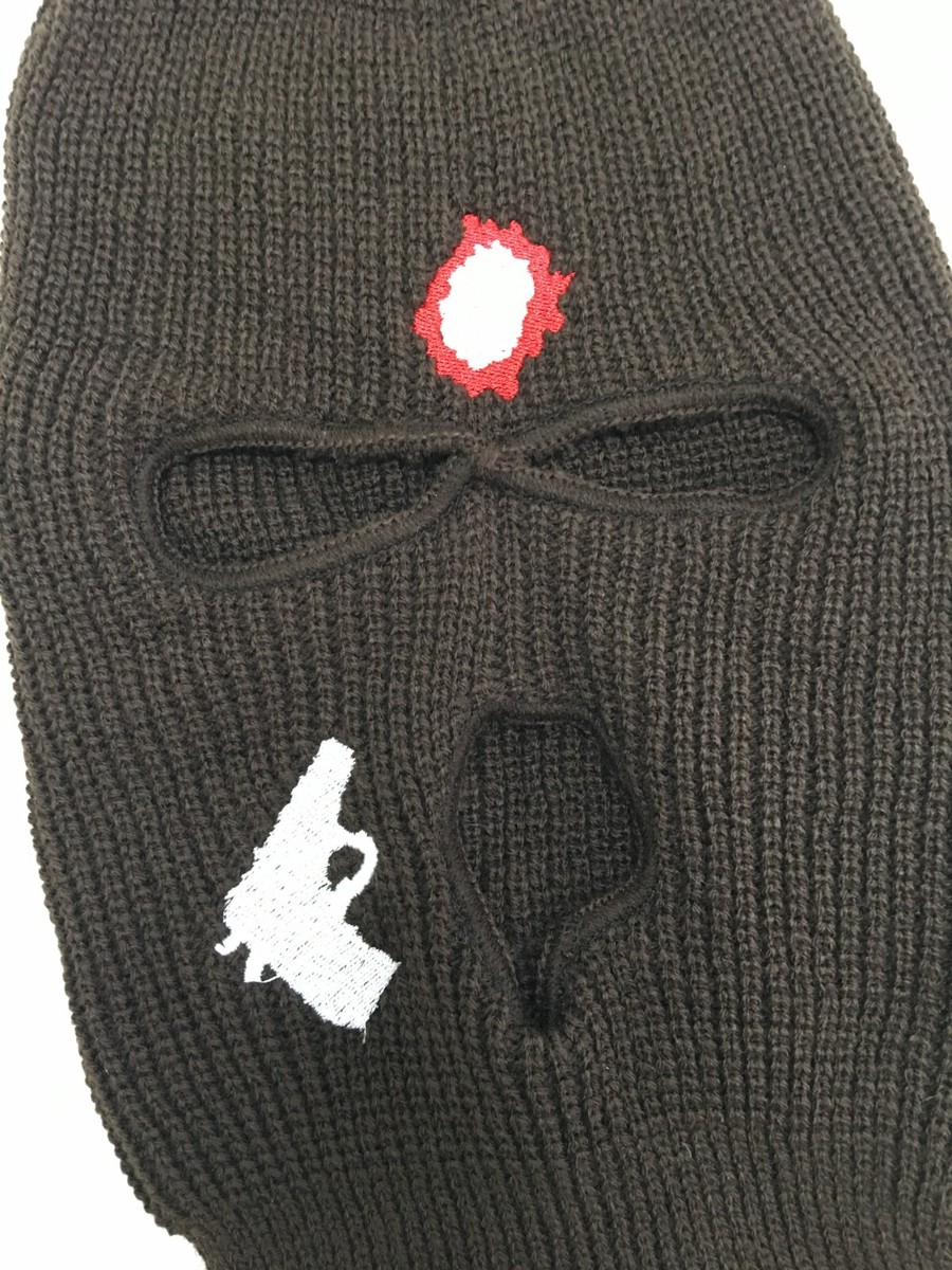 Gun Head Shot Embroidered Knit Brown Mountain Ski Mask