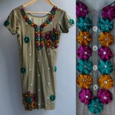 VTG India Tribal Hippie Festival Dress Silk Tunic 3D Velvet Applique Beaded XS