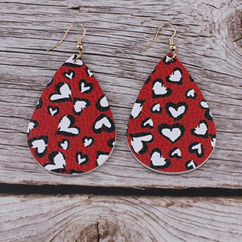 Red Heart Print Leather Teardrop 2023 Valentines Day Holiday Earrings for Women - Image 3 of 4