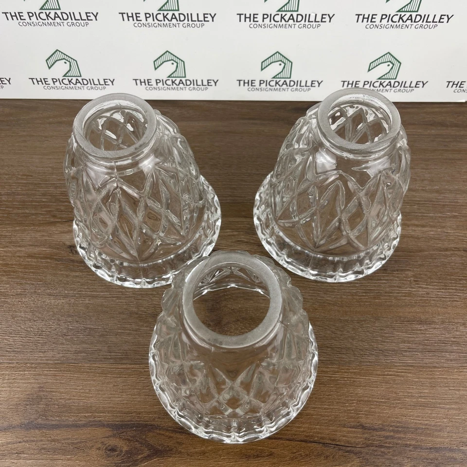 Set of 3 Clear Glass Bell Lamp Shades Diamond Cut Prismatic Texture Vintage - Image 2 of 4