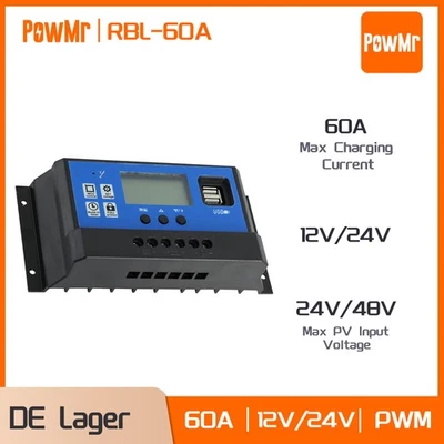 POWMR PWM 60A Solarladeregler Solar Regler Photovoltaik Panel Dual USB 12V/24V LCD
