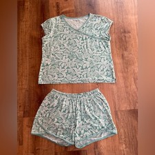 Garnet Hill Womens Pajamas Set Shorts Medium Organic Cotton Green Floral Print 