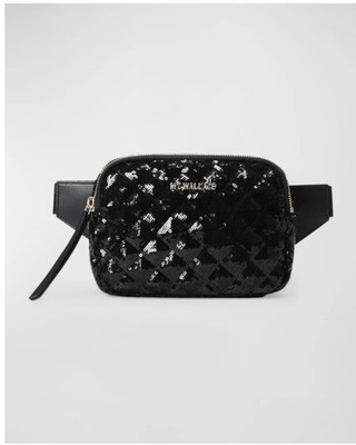 NEW MZ Wallace Black Quilted Sequin Madison Belt Bag Fanny Pack Gold Tone Zipper
