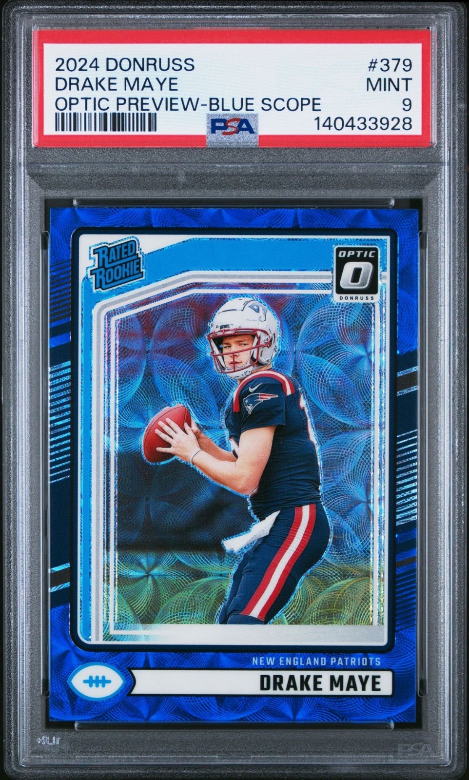 2024 Panini Donruss Optic Preview Drake Maye Blue Scope Rookie #379 PSA 9 Mint